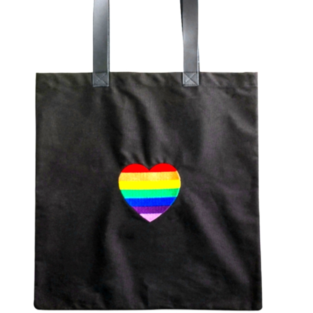 Black w/ Rainbow Heart Stitched Tote Carry All Leather Straps Handle LGBTQ IA